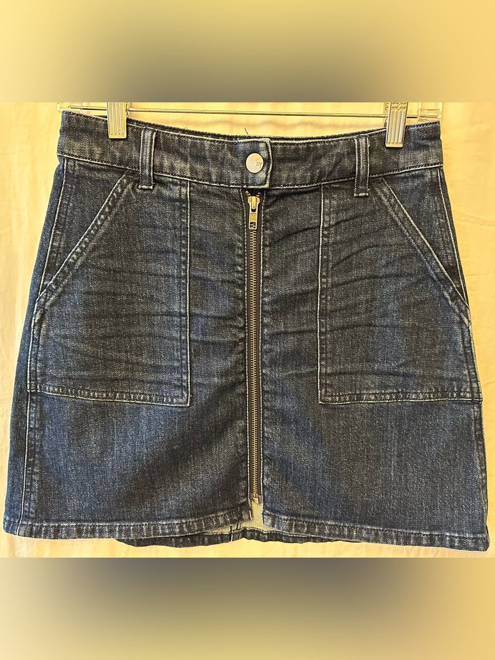 Madewell Denim Mini Skirt Zip Front Utility Pocket Stretch Jean Skirt Size 25